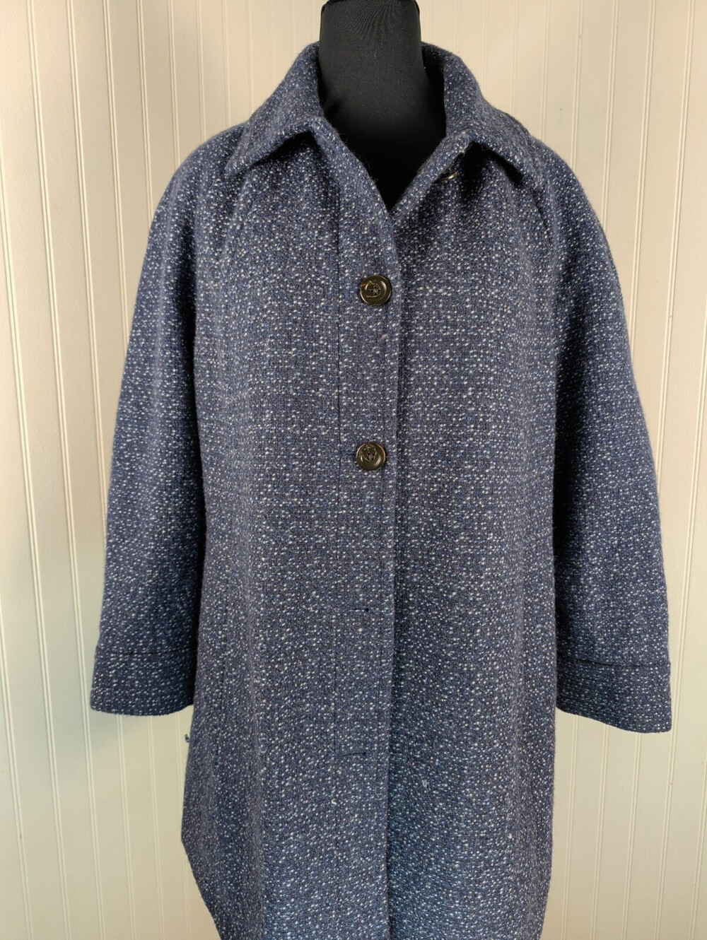Lands' End Vintage Speckled Blue Tweed Wool Blend Car Coat Size 16